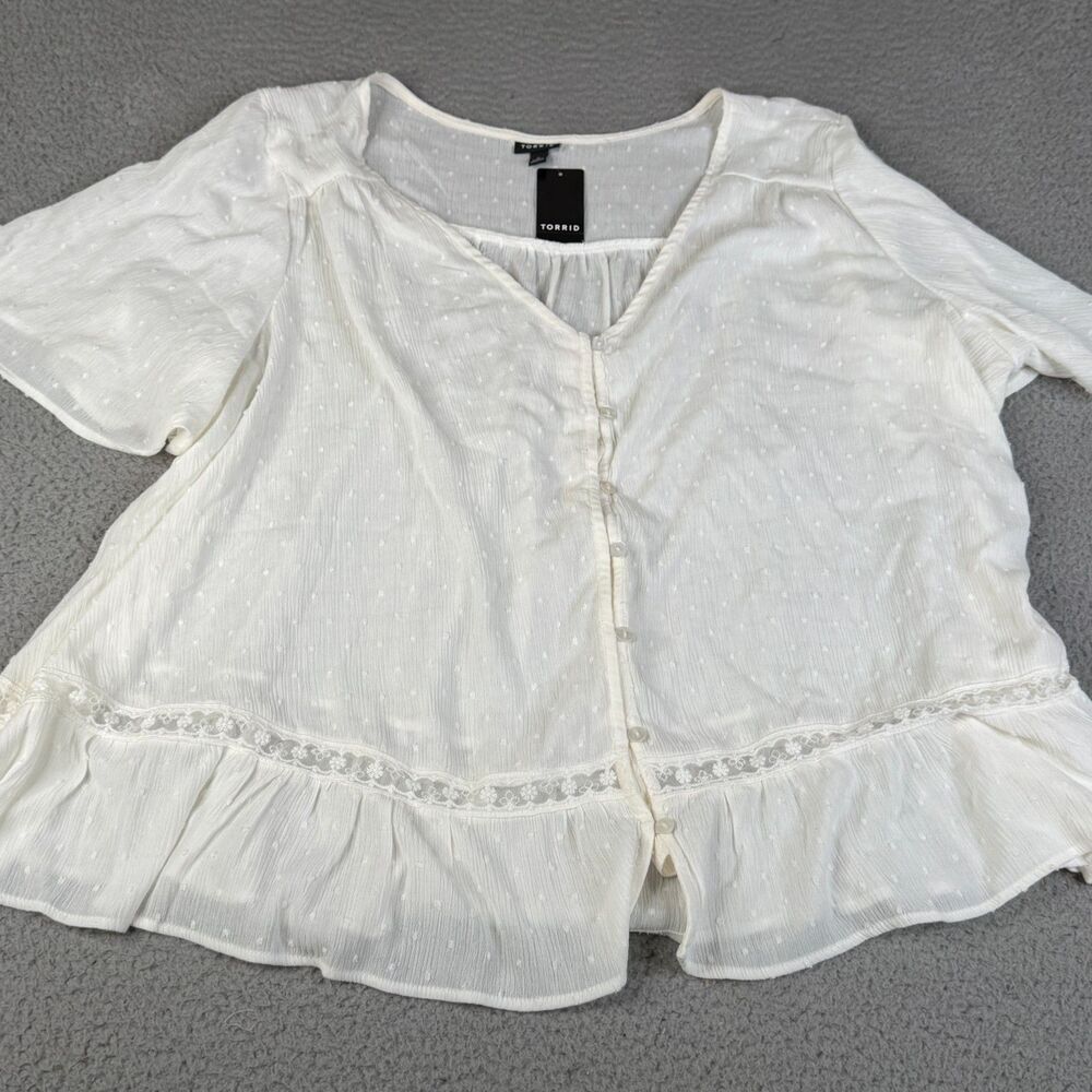 TORRID White Swiss Dot Blouse Women 3X Crinkle Gauze Peasant Flowy Button Up Top